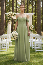 Robe demoiselle d’honneur moss green longue à épaules dénudées plissée effet drapé - Harana