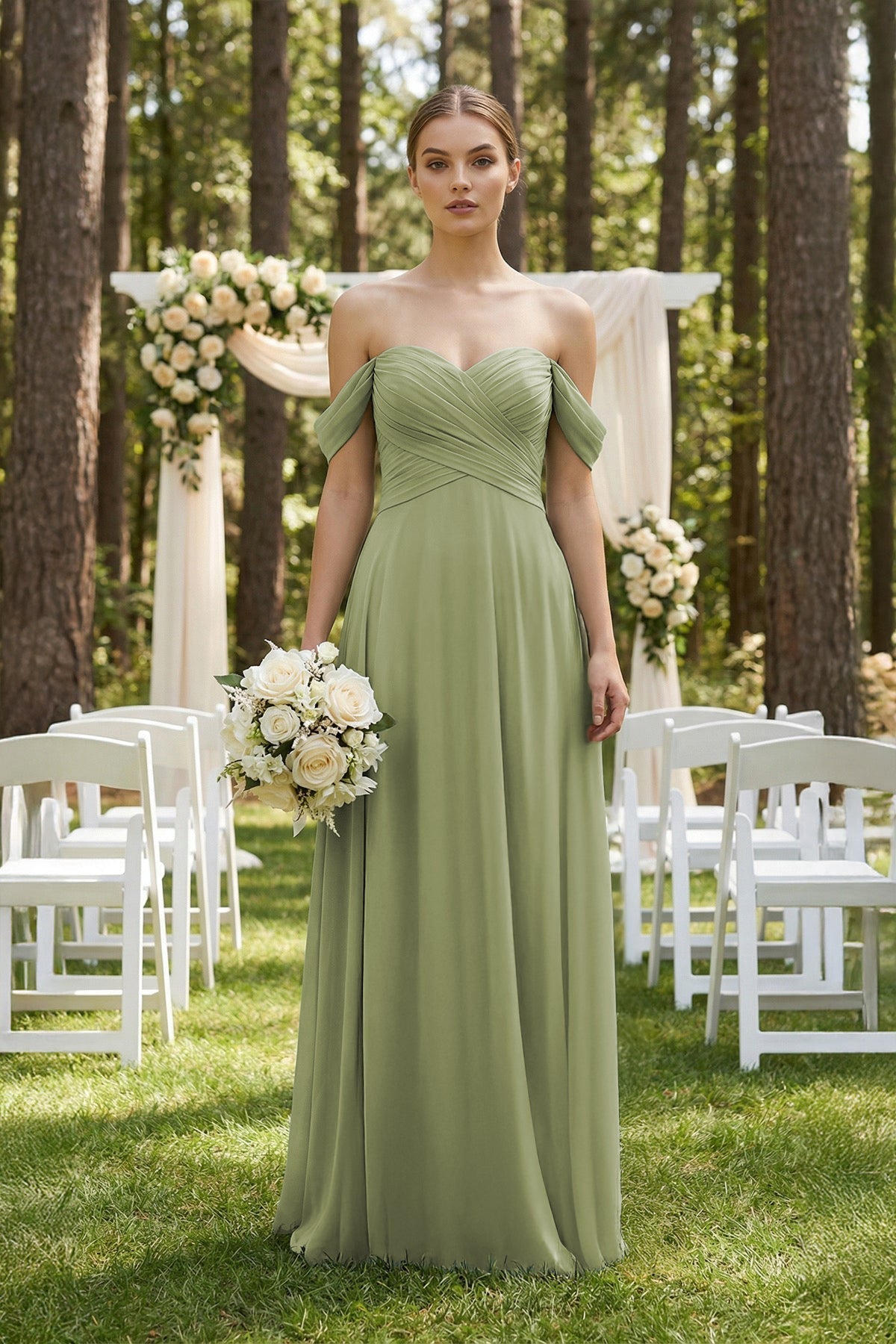 Robe demoiselle d’honneur moss green longue à épaules dénudées plissée effet drapé - Harana