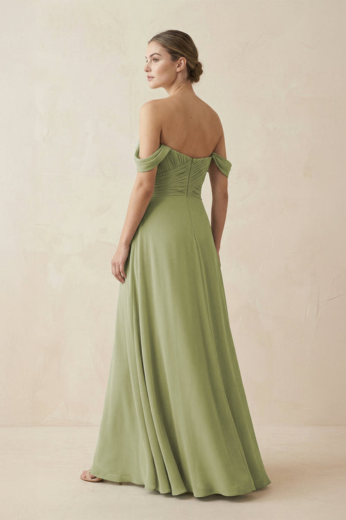 Robe de demoiselle d’honneur vert mousse longue en mousseline coupe trapèze à épaules dénudées - Harana
