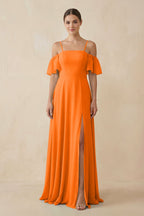Robe longue orange en mousseline coupe trapèze à épaules dénudées - Harana