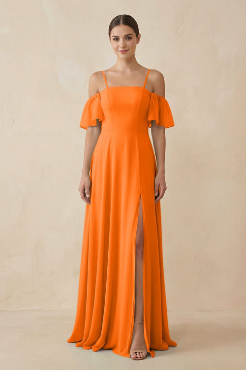 Robe de demoiselle d’honneur orange longue en mousseline coupe trapèze à épaules dénudées - Harana