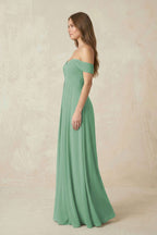 Robe demoiselle d’honneur vert d’eau midi à épaules dénudées plissée effet drapé - Harana