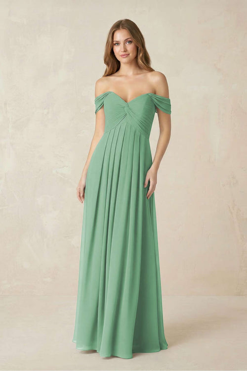 Robe de demoiselle d’honneur vert d’eau longue en mousseline coupe trapèze à épaules dénudées plissée - Harana