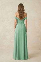 Robe demoiselle d’honneur vert d’eau midi à épaules dénudées plissée effet drapé - Harana