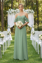 Robe demoiselle d’honneur vert d’eau longue à épaules dénudées froncée plissée - Harana