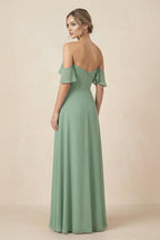 Robe demoiselle d’honneur vert d’eau longue à épaules dénudées froncée plissée - Harana