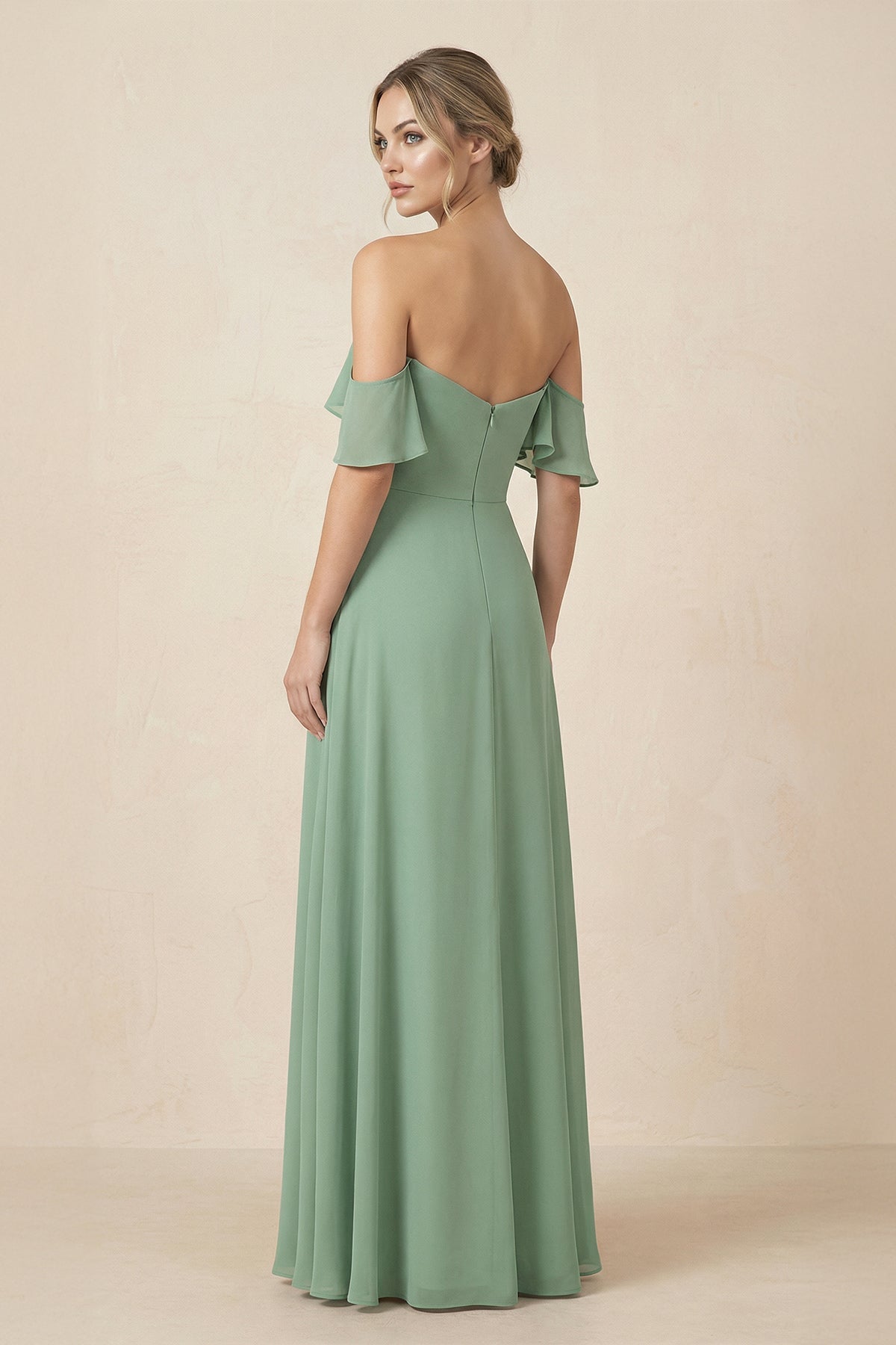 Robe demoiselle d’honneur vert d’eau longue à épaules dénudées froncée plissée - Harana