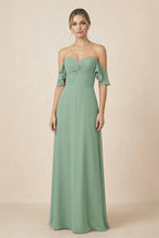 Robe demoiselle d’honneur vert d’eau longue à épaules dénudées froncée plissée - Harana