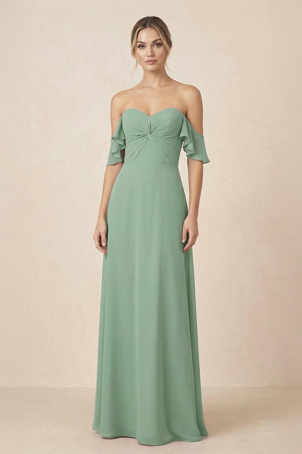 Robe demoiselle d’honneur vert d’eau longue à épaules dénudées froncée plissée - Harana