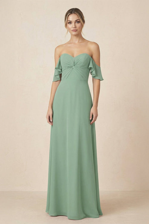 Robe de demoiselle d’honneur vert d’eau longue en mousseline coupe trapèze à épaules dénudées effet drapé - Harana