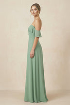 Robe demoiselle d’honneur vert d’eau longue à épaules dénudées froncée plissée - Harana