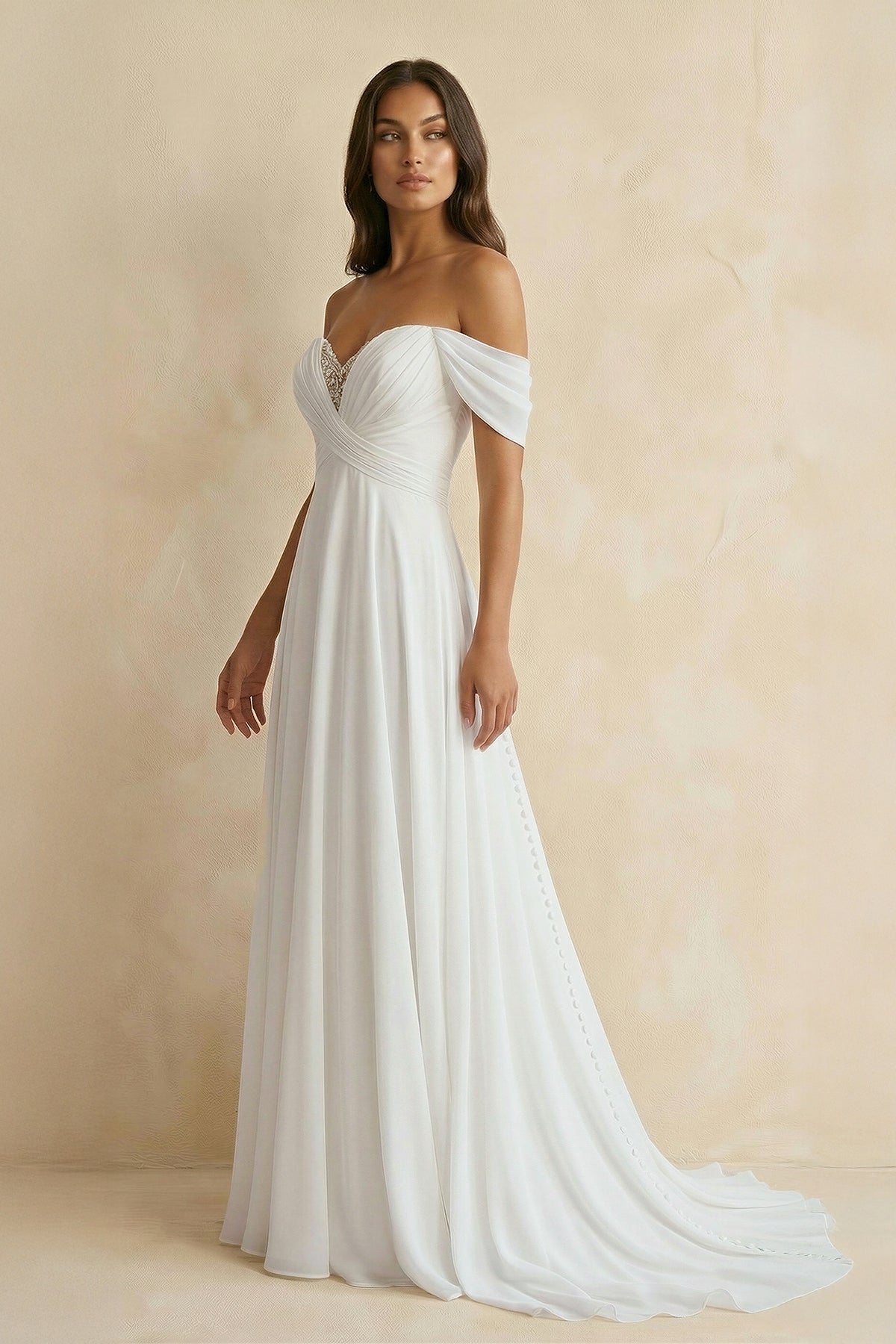 Robe de mariée blanche trapèze en mousseline à épaules dénudées décolleté cœur - Harana