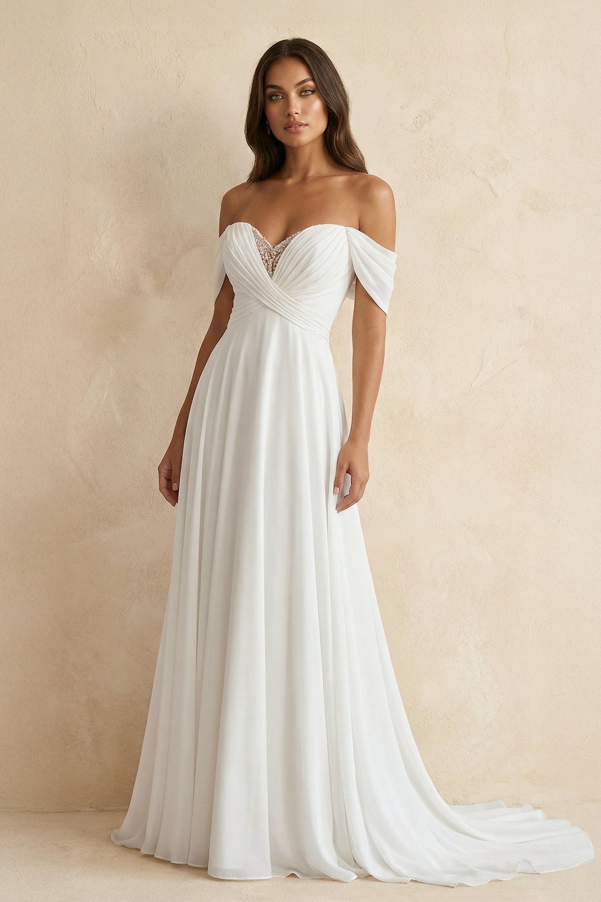 Robe de mariée blanche trapèze en mousseline à épaules dénudées décolleté cœur - Harana