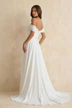 Robe de mariée blanche trapèze en mousseline à épaules dénudées décolleté cœur - Harana