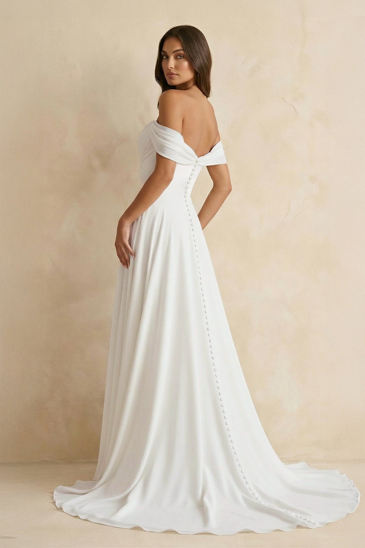 Robe de mariée blanche trapèze en mousseline à épaules dénudées décolleté cœur - Harana