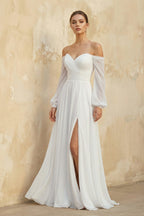 Robe de mariée blanche trapèze mousseline avec fente manches longues - Harana