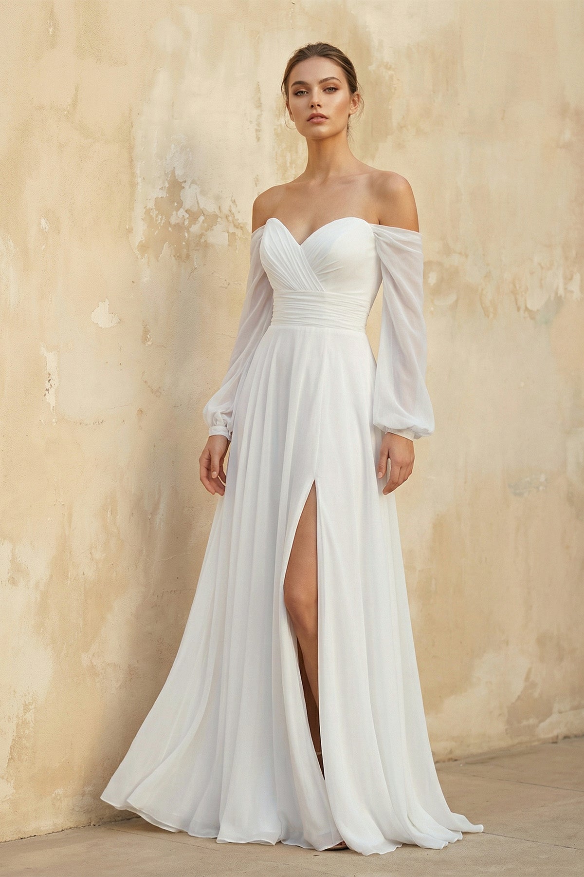 Robe de mariée blanche trapèze mousseline avec fente manches longues - Harana