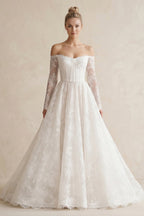 Robe de mariée blanc longue à épaules dénudées manches longues à dentelle - Harana