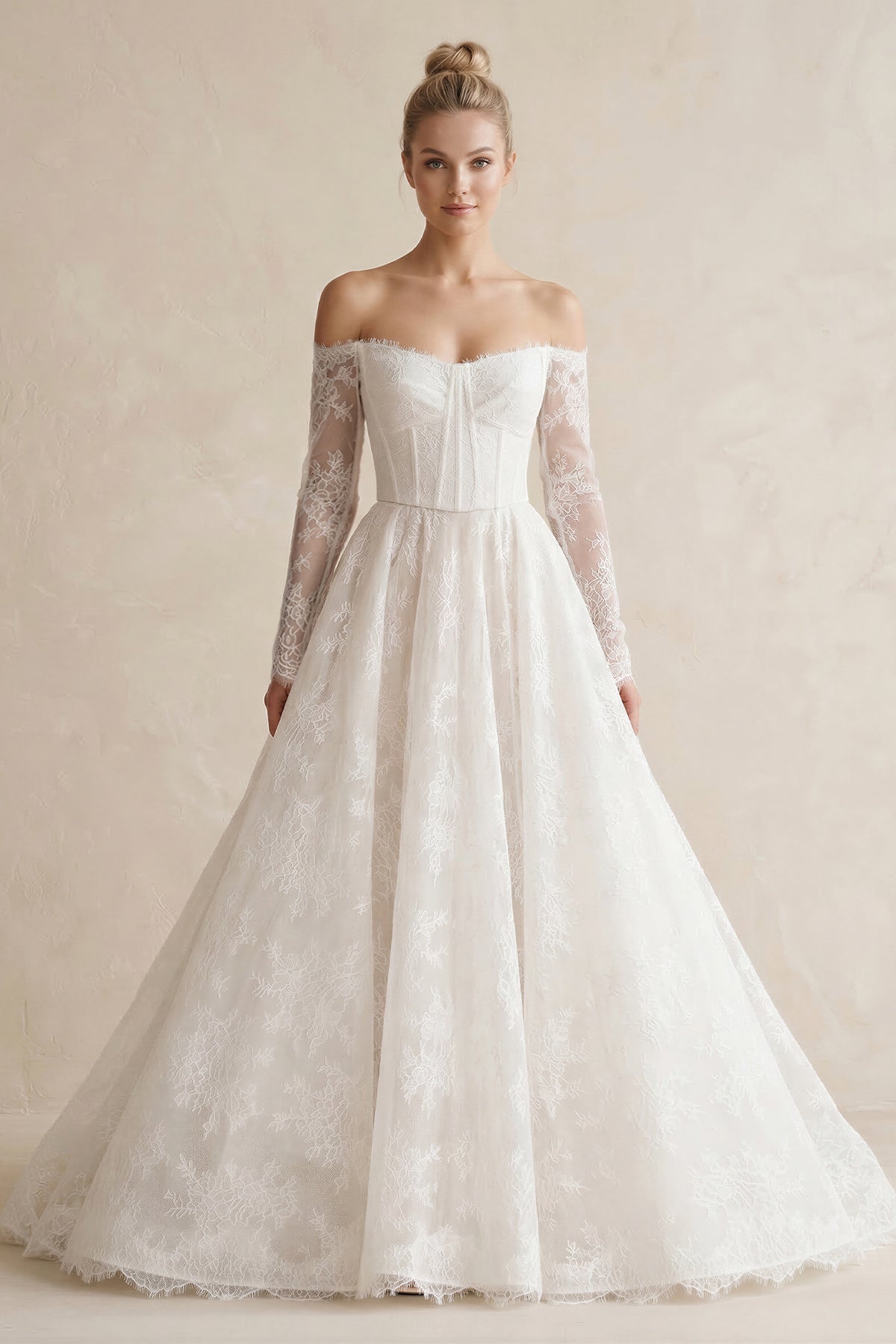 Robe de mariée blanc longue à épaules dénudées manches longues à dentelle - Harana