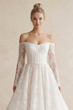 Robe de mariée blanc longue à épaules dénudées manches longues à dentelle - Harana