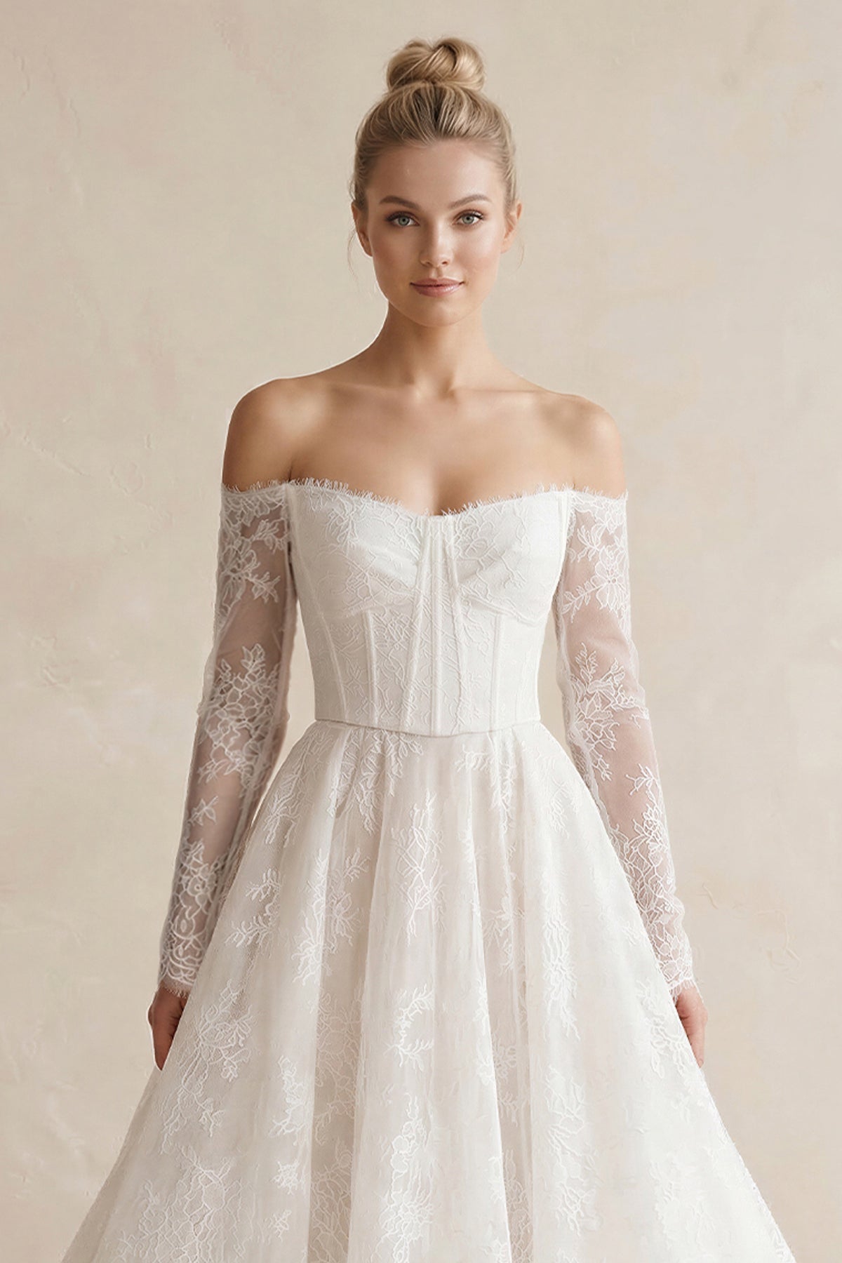 Robe de mariée blanc longue à épaules dénudées manches longues à dentelle - Harana