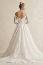 Robe de mariée blanc longue à épaules dénudées manches longues à dentelle - Harana
