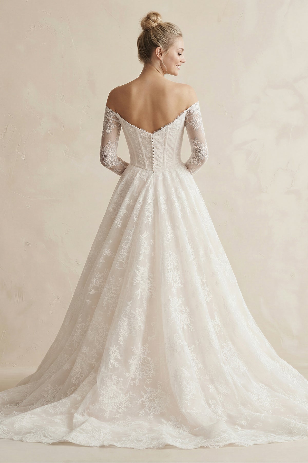 Robe de mariée blanc longue à épaules dénudées manches longues à dentelle - Harana