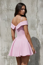 Robe courte rose coupe trapèze à épaules dénudées - Harana