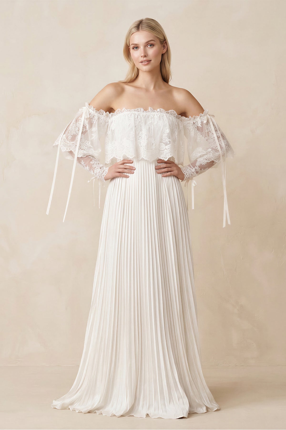Robe de mariée ivoire trapèze en dentelle à épaules dénudées manches courtes - Harana