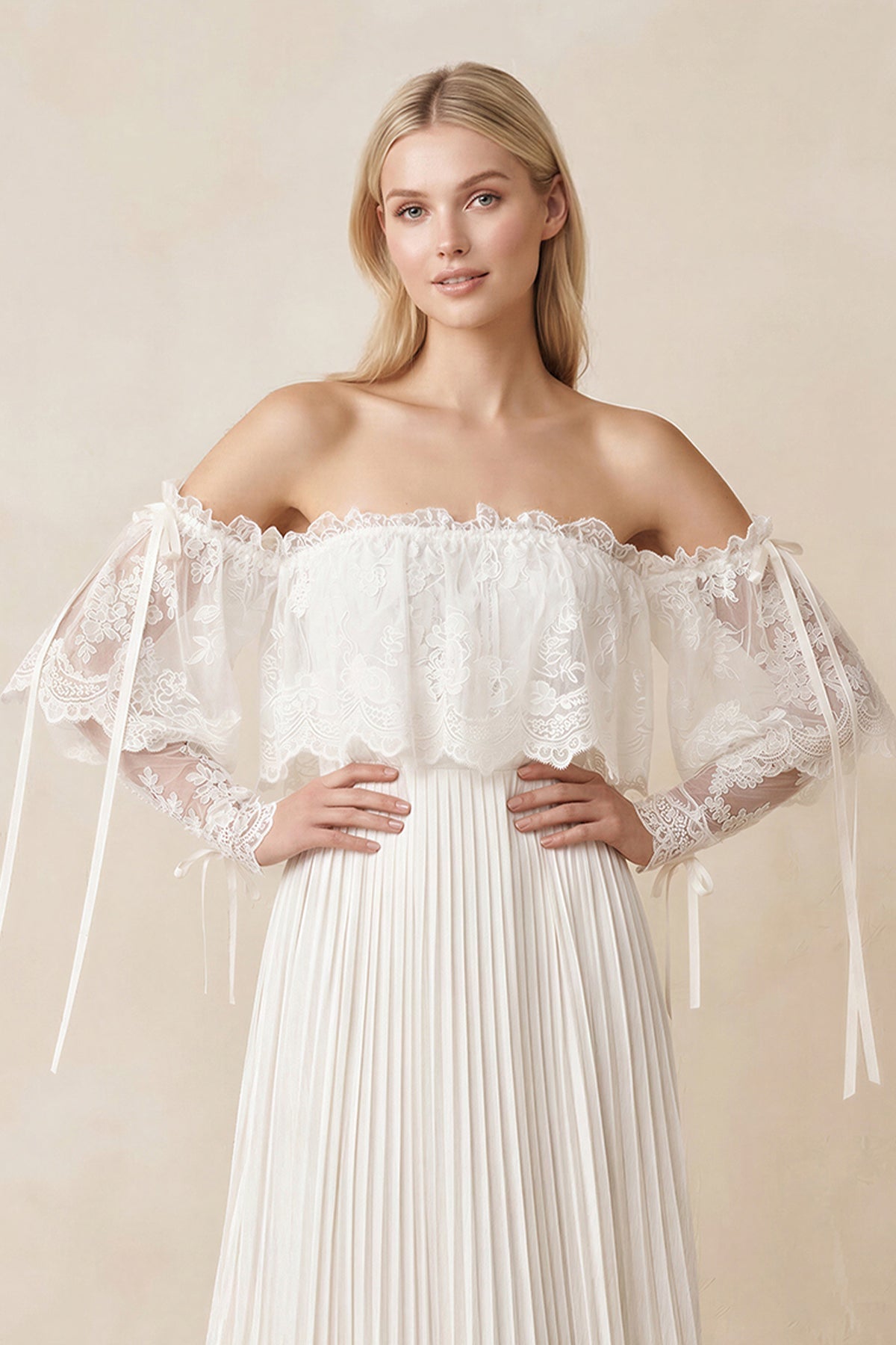 Robe de mariée ivoire trapèze en dentelle à épaules dénudées manches courtes - Harana