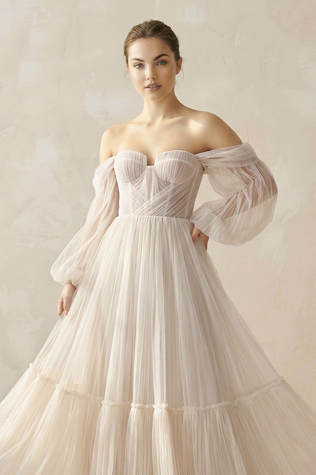 Robe de mariée champagne trapèze en tulle à épaules dénudées manches longues - Harana