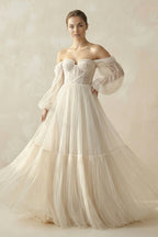 Robe de mariée champagne trapèze en tulle à épaules dénudées manches longues - Harana