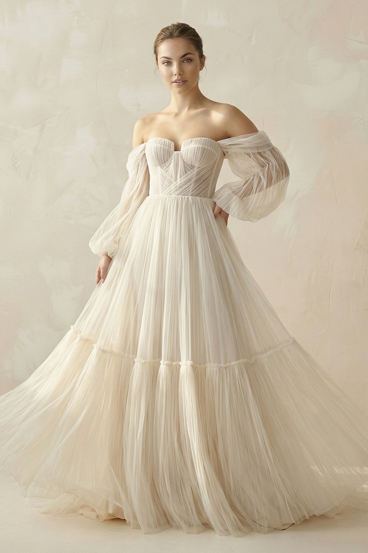 Robe de mariée champagne trapèze en tulle à épaules dénudées manches longues - Harana