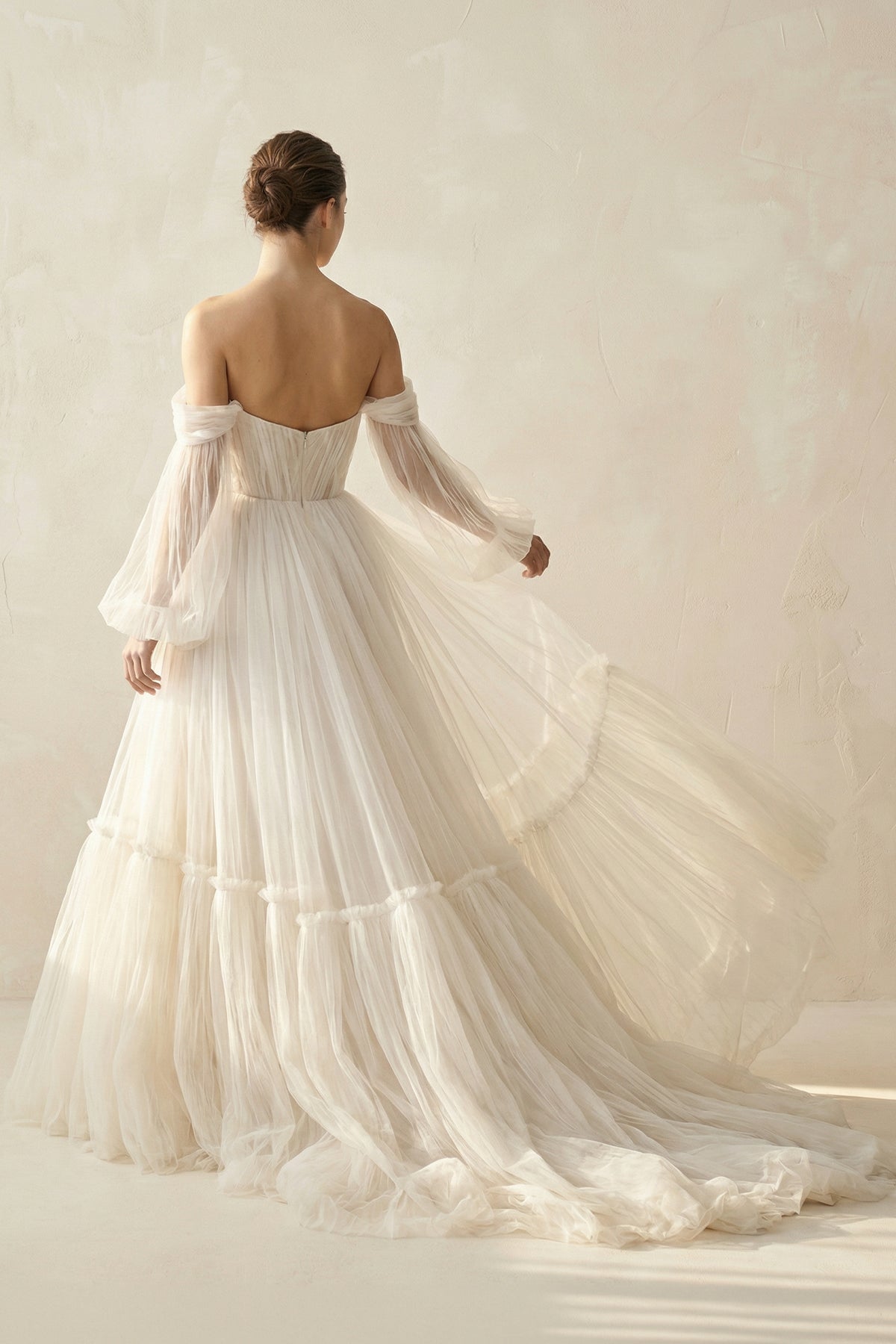 Robe de mariée champagne trapèze en tulle à épaules dénudées manches longues - Harana