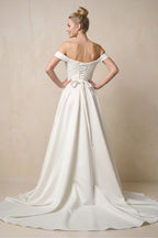 Robe de mariée blanche trapèze en satin à épaules dénudées - Harana