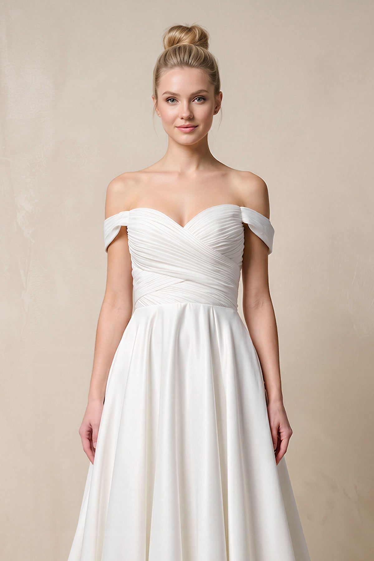 Robe de mariée blanche trapèze en satin à épaules dénudées - Harana