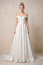 Robe de mariée blanche trapèze en satin à épaules dénudées - Harana