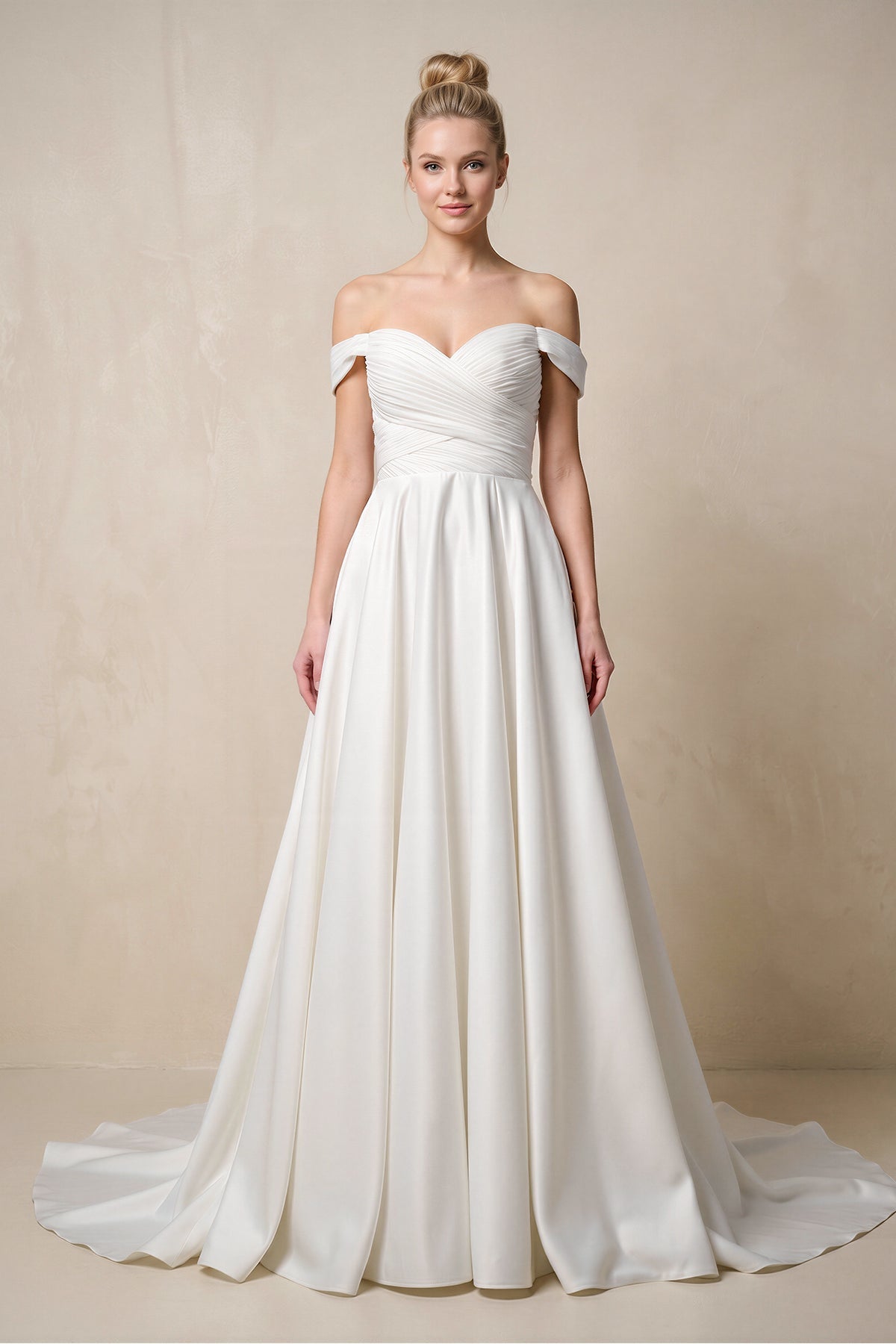 Robe de mariée blanche trapèze en satin à épaules dénudées - Harana