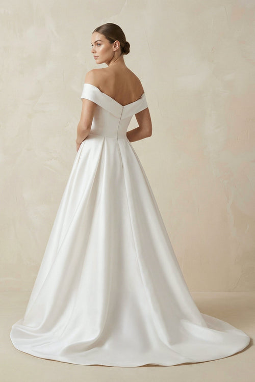 Robe de mariée blanc courte à épaules dénudées satinée coupe trapèze - Harana