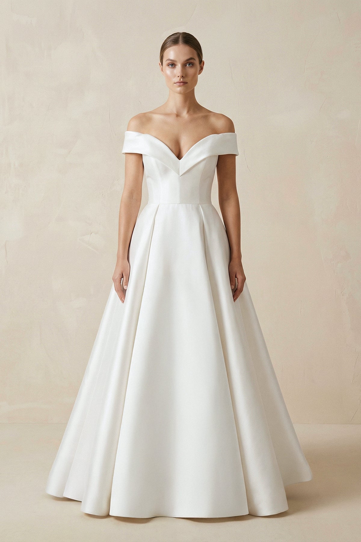 Robe de mariée blanc courte à épaules dénudées satinée coupe trapèze - Harana