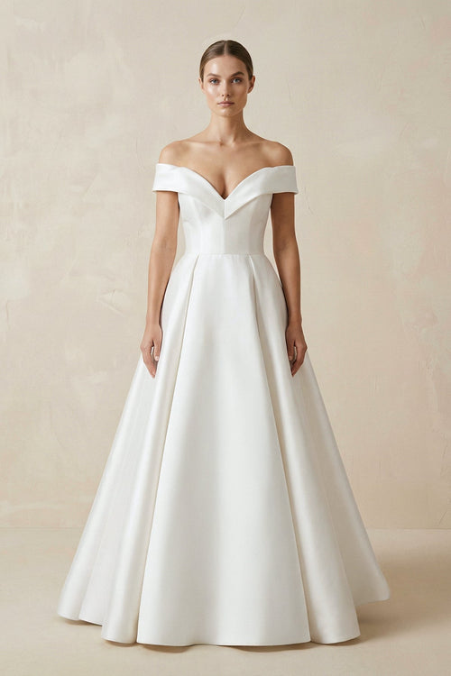 Robe de mariée blanc courte à épaules dénudées satinée coupe trapèze - Harana