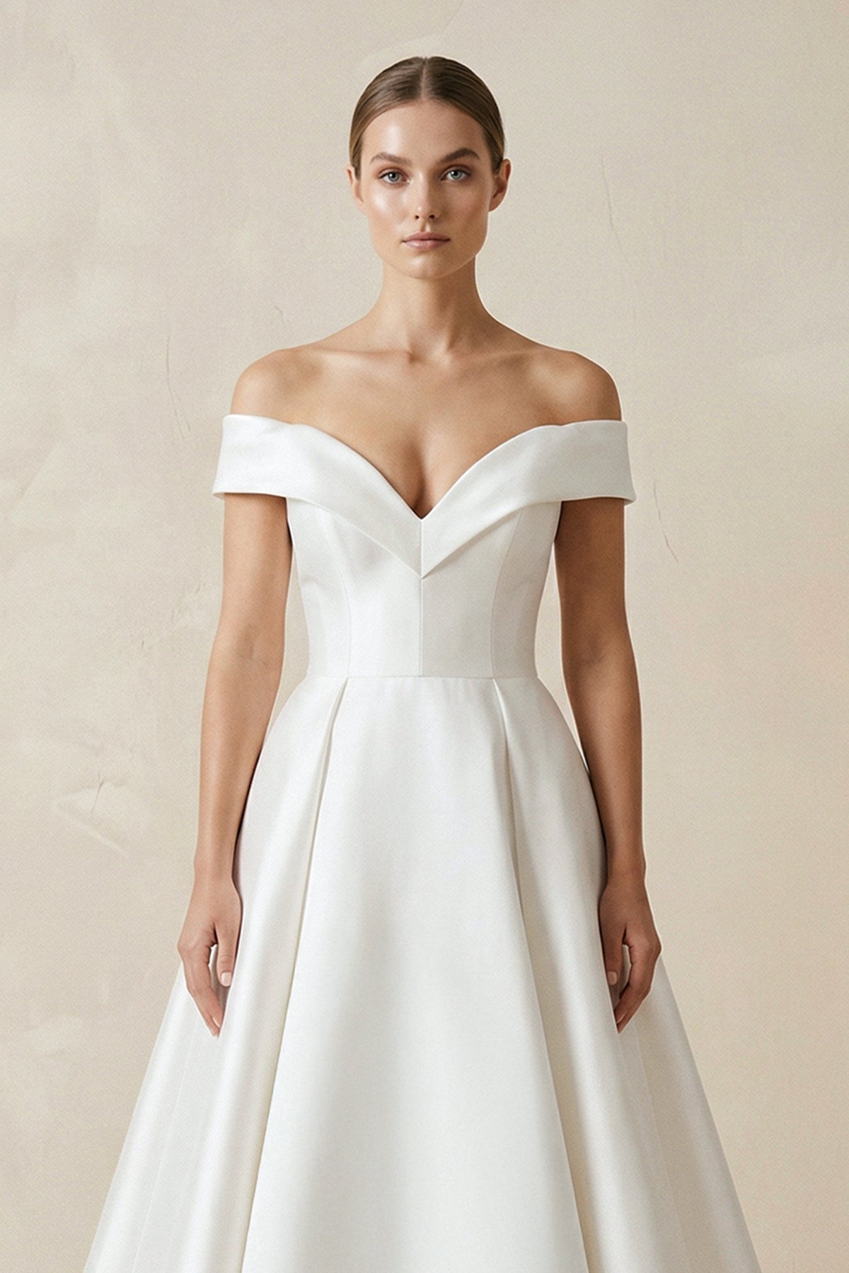 Robe de mariée blanc courte à épaules dénudées satinée coupe trapèze - Harana