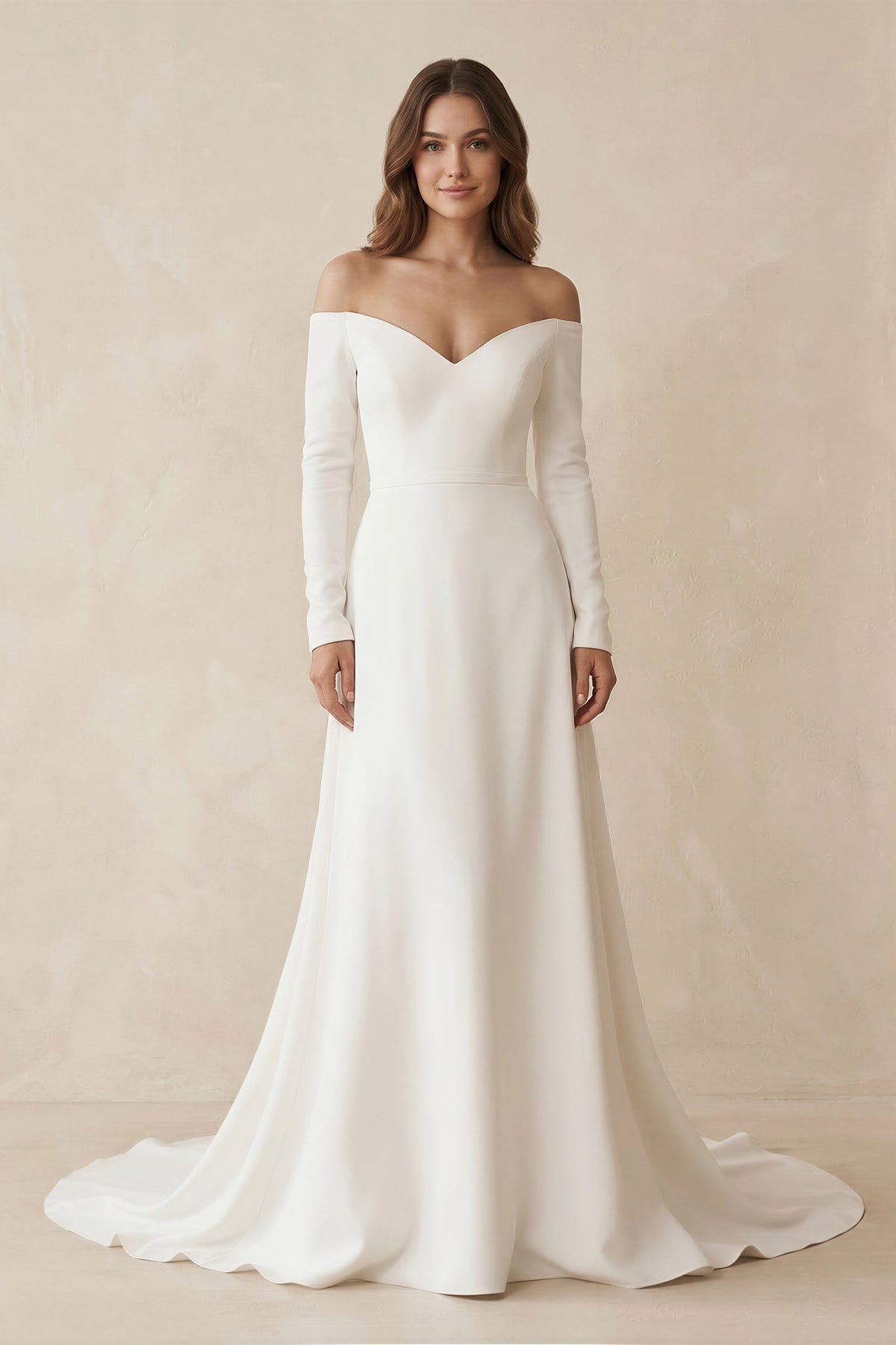Robe de mariée blanche trapèze en satin à épaules dénudées manches longues - Harana