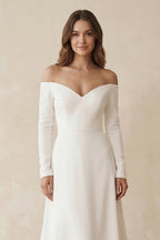 Robe de mariée blanche trapèze en satin à épaules dénudées manches longues - Harana