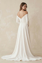 Robe de mariée blanche trapèze en satin à épaules dénudées manches longues - Harana