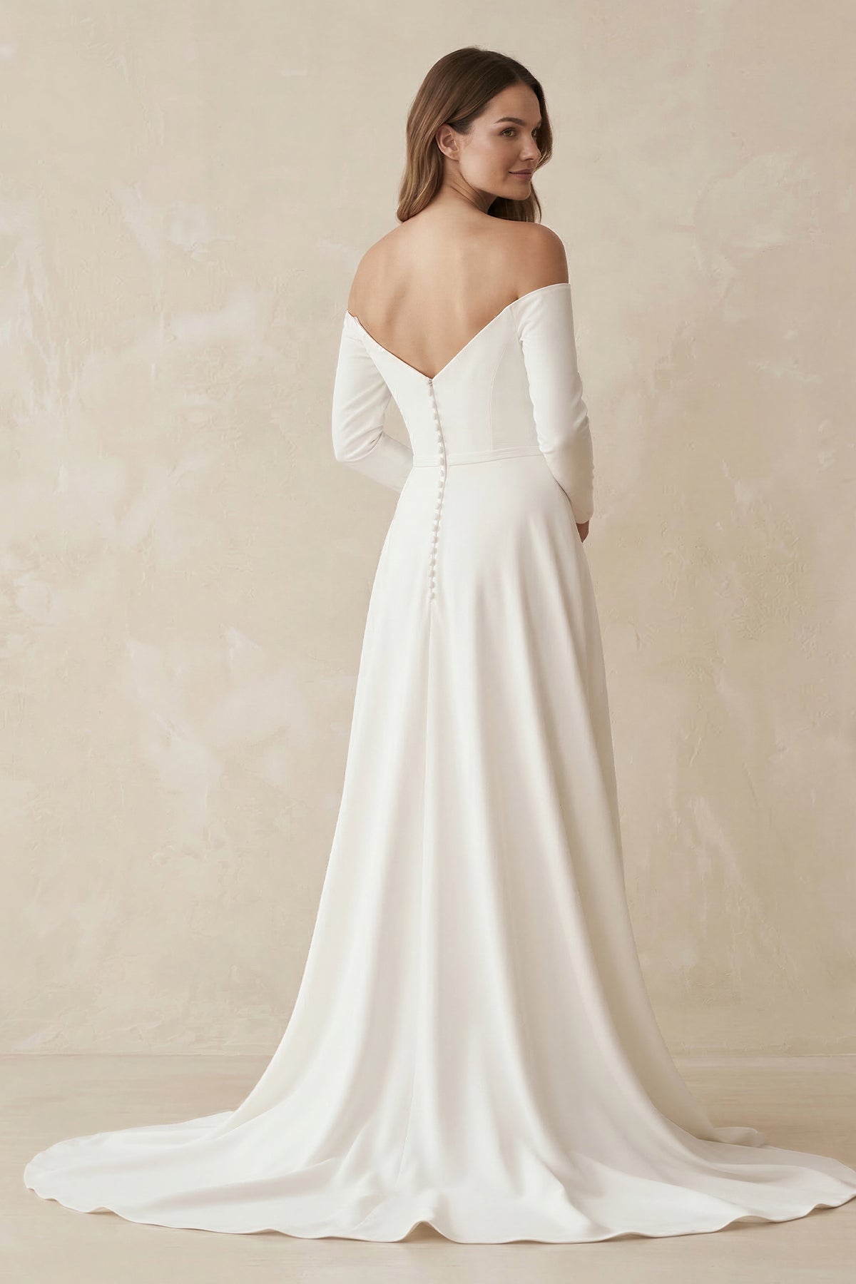 Robe de mariée blanche trapèze en satin à épaules dénudées manches longues - Harana