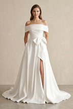 Robe de mariée blanche trapèze en satin à épaules dénudées avec nœud - Harana