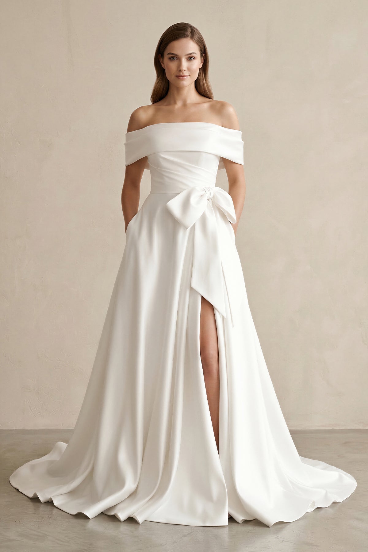 Robe de mariée blanche trapèze en satin à épaules dénudées avec nœud - Harana