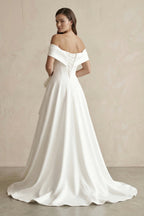 Robe de mariée blanche trapèze en satin à épaules dénudées avec nœud - Harana