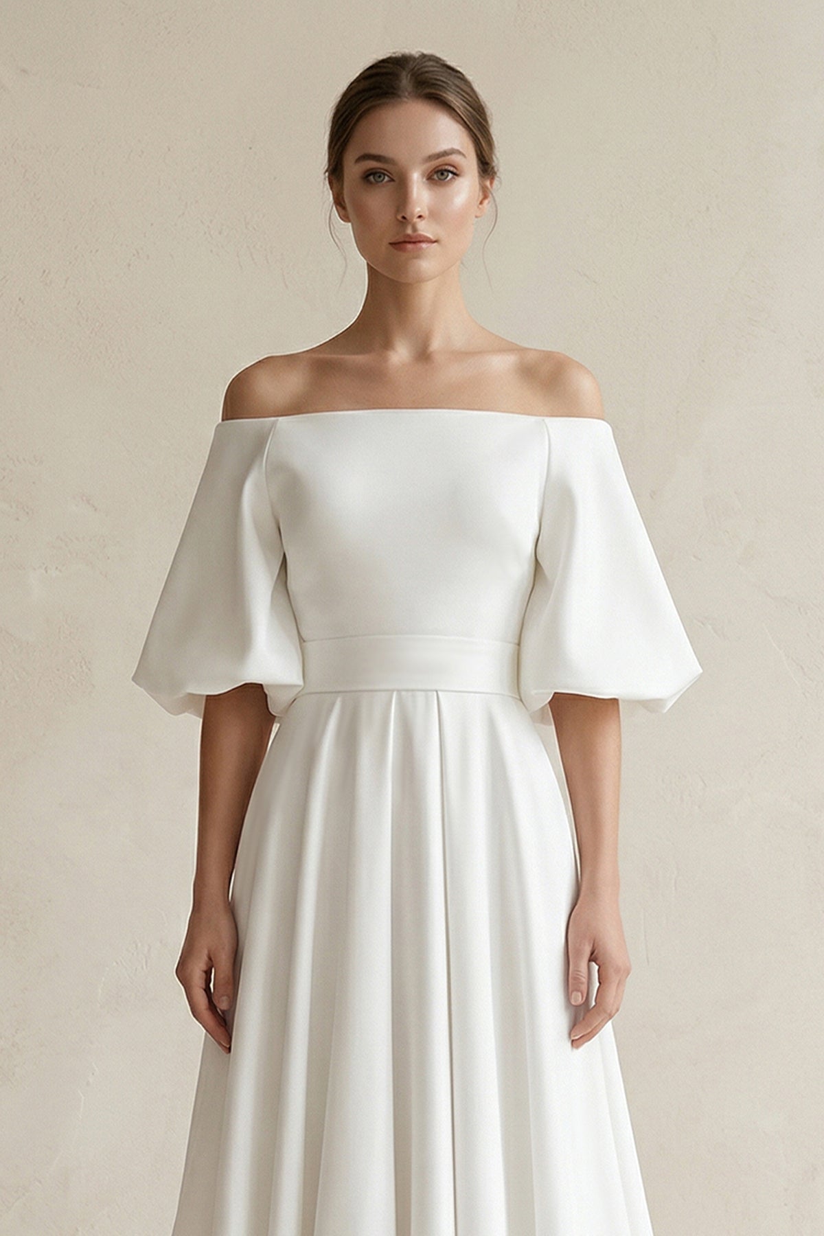 Robe de mariée blanche trapèze en satin à épaules dénudées manches courtes - Harana